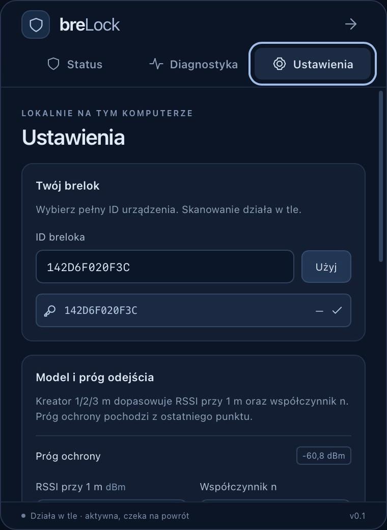 Okno aplikacji breLock na macOS: ustawienia z polem ID breloka i listą wykrytych urządzeń.